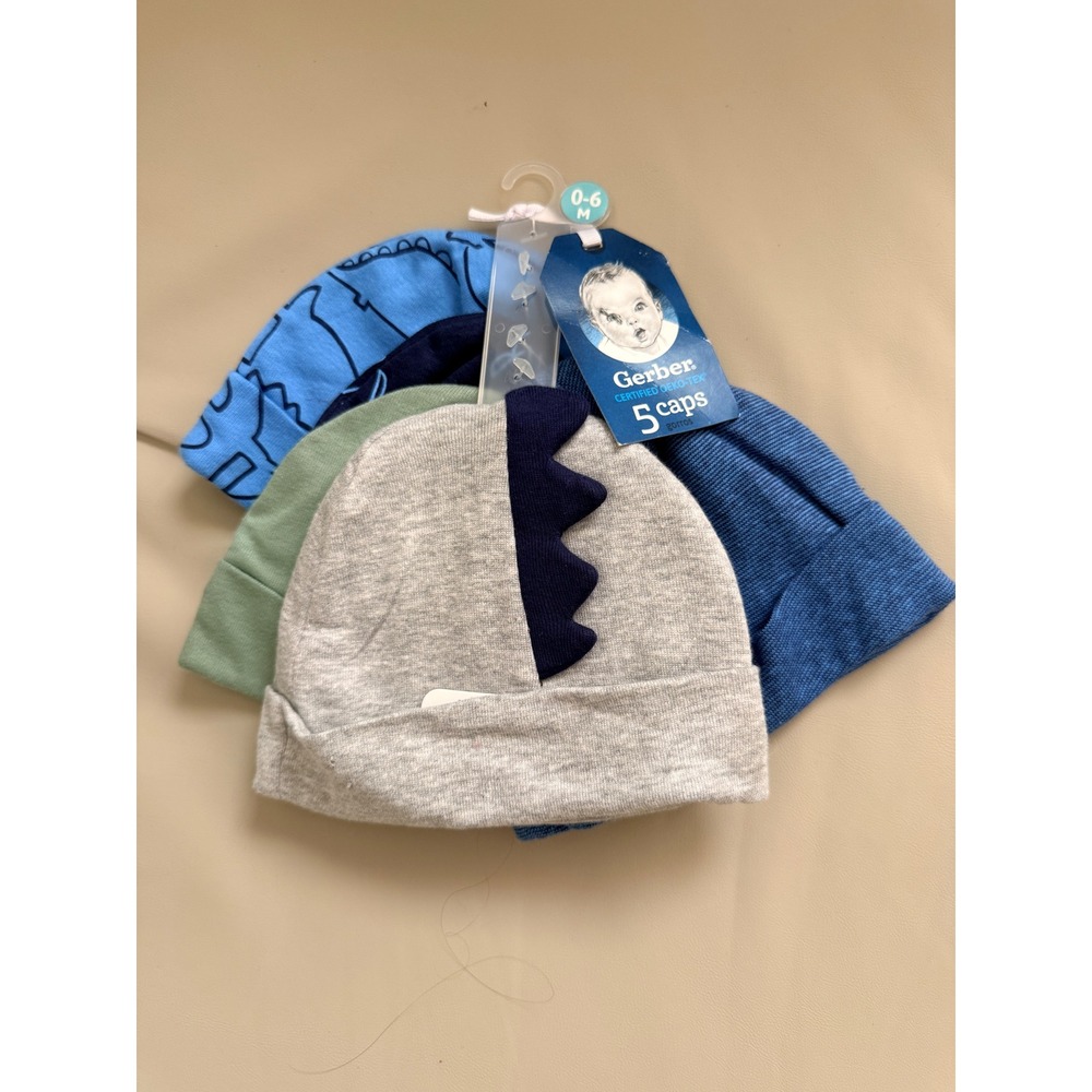 Gerber Baby Boy 5 Pack Dinosaur Caps Beanies Blue Grey Green 0-6M New